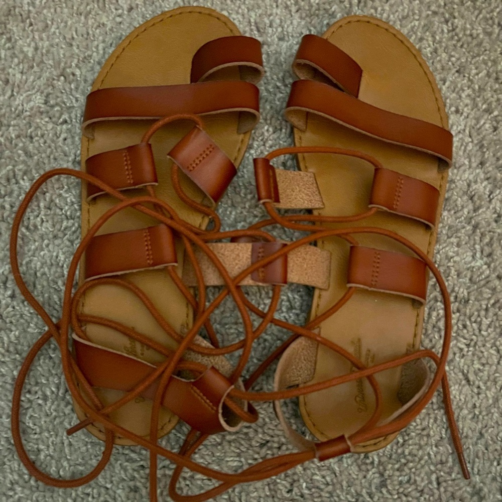 Brown Faux Leather Tie Sandals